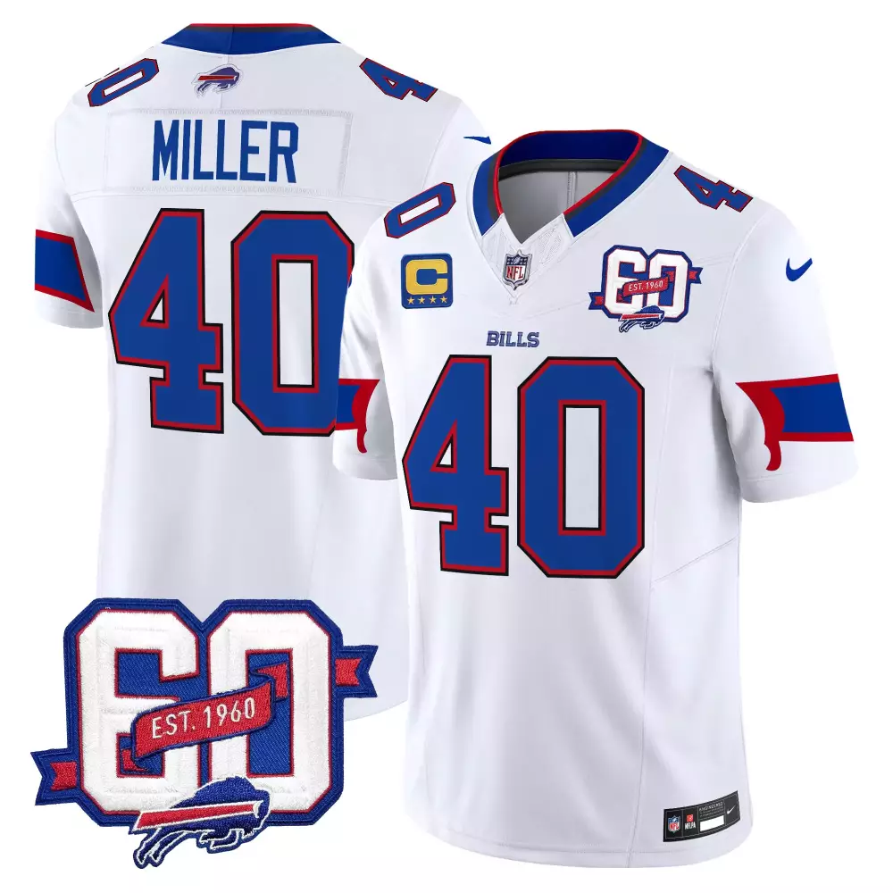 Von Miller 40 Buffalo Bills Jersey White 60th Anniversary Captain Men Player Royal Blue