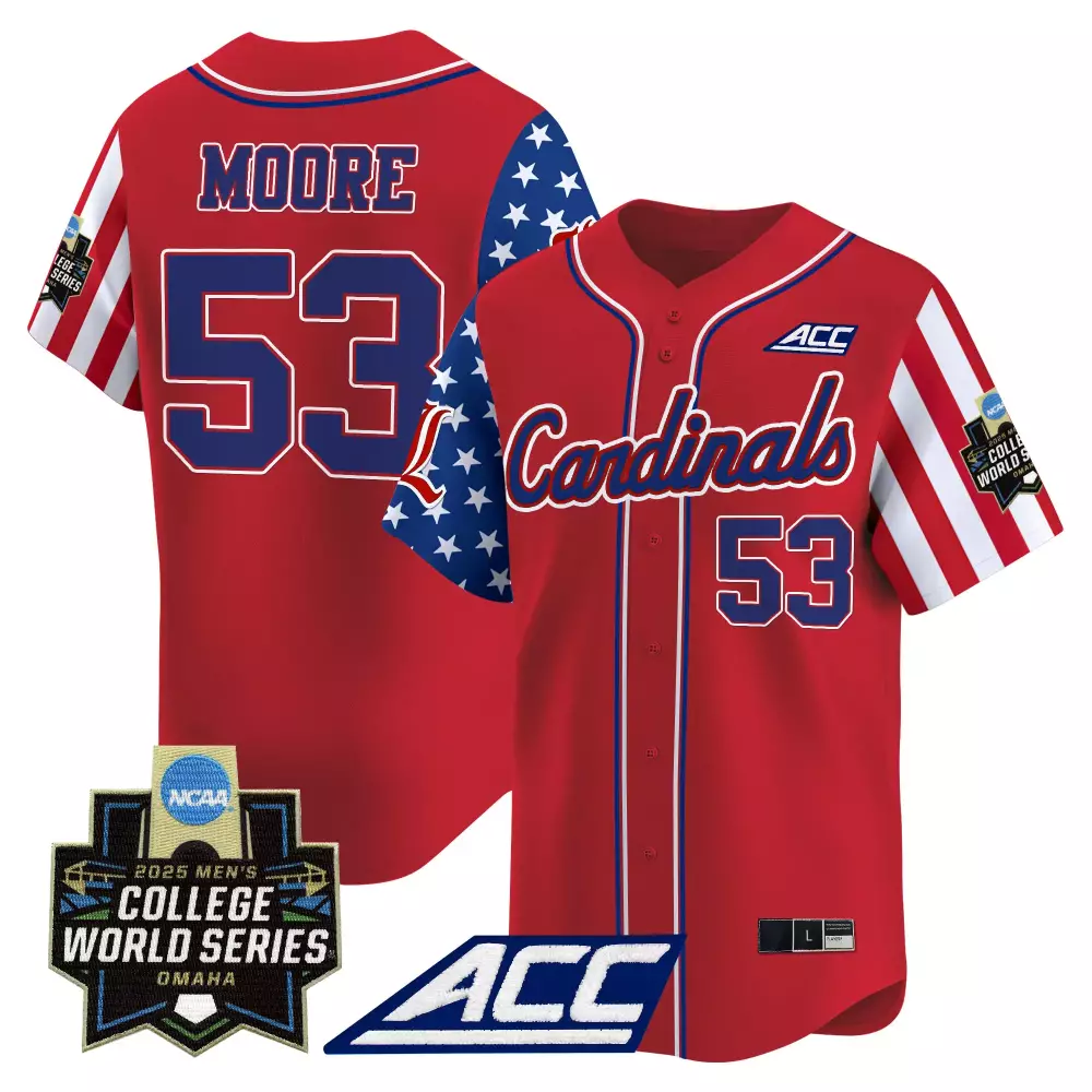 Moore Louisville 53 Cardinals Jersey Red College World Series Men Split Design Blue
