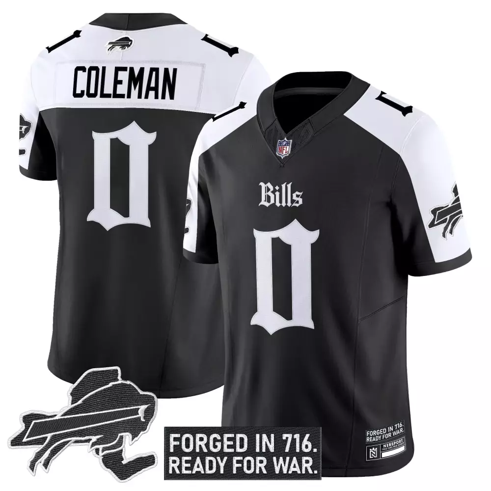 Keon Coleman Bills Jersey Black Forged 716. Ready War. Men Alternate Split Design