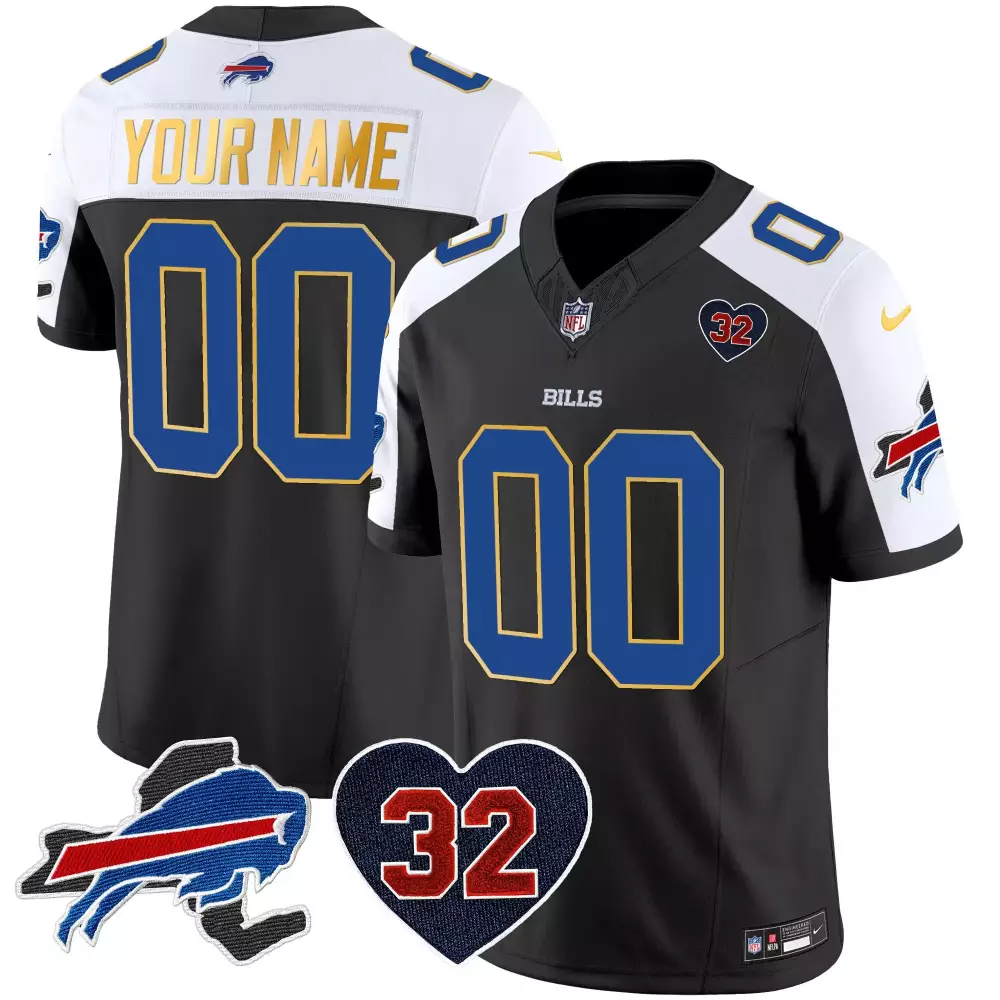 Custom Bills Jersey Black Heart 32 Men Split Design White Royal Blue Red Gold Alternate