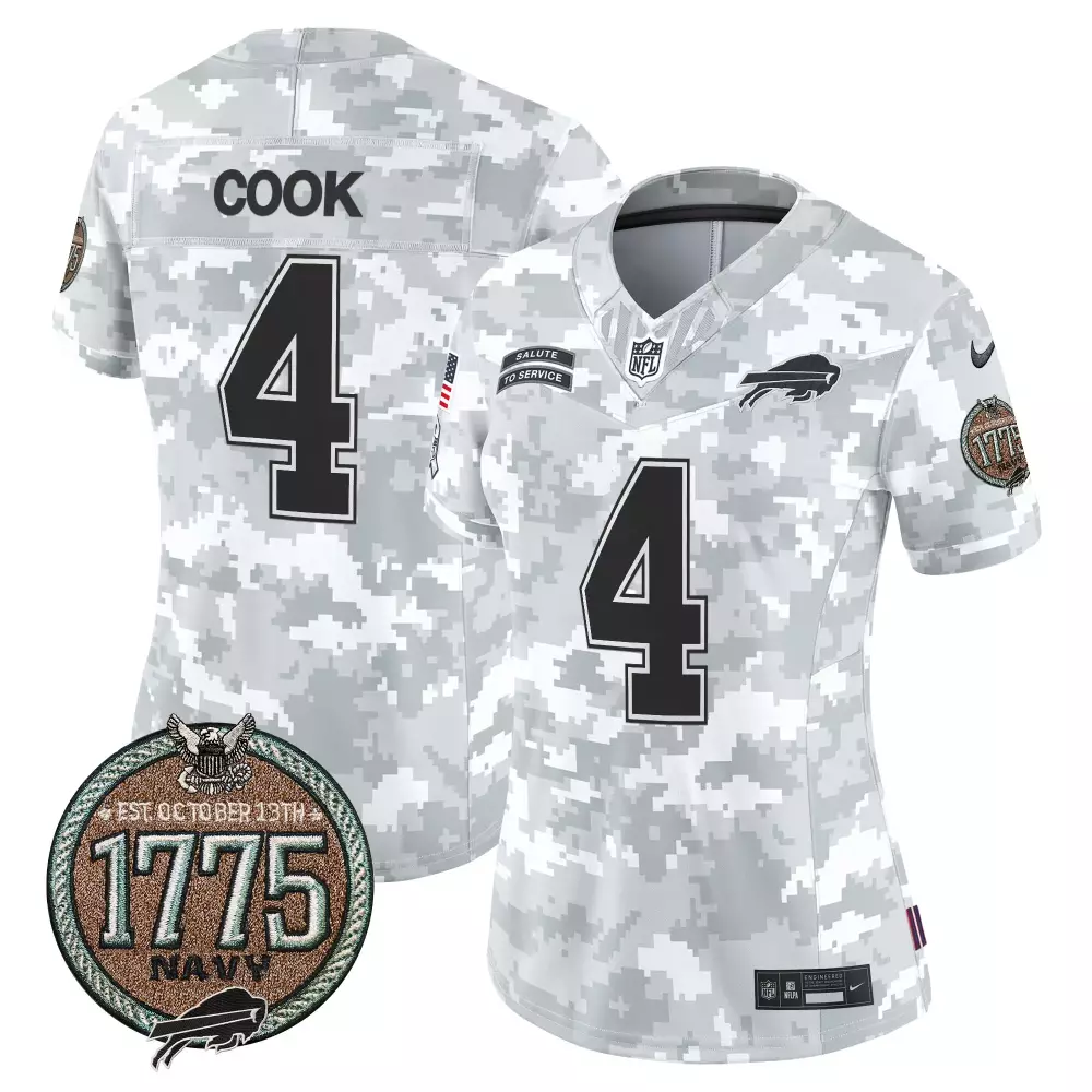 James Cook 4 Buffalo Bills Jersey White Salute To Service 1775 Navy Men NFL Alternate