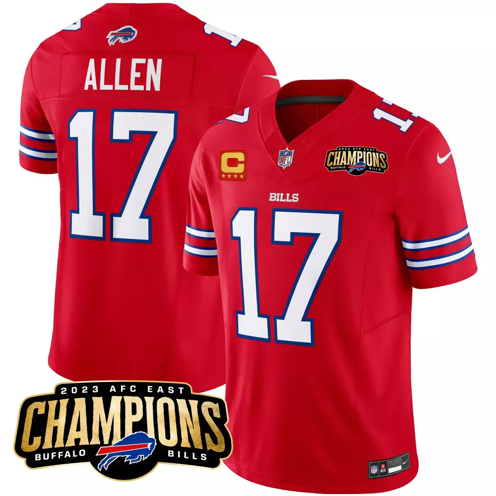 Josh Allen 17 Buffalo Bills Jersey Red 2023 AFC East Champions Men Player White Blue