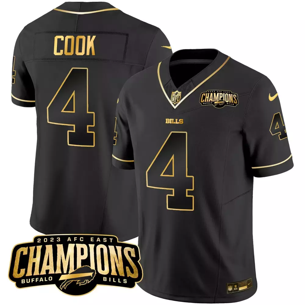 James Cook 4 Buffalo Bills Jersey Black 2023 AFC East Champions Men NFL Gold Vapor