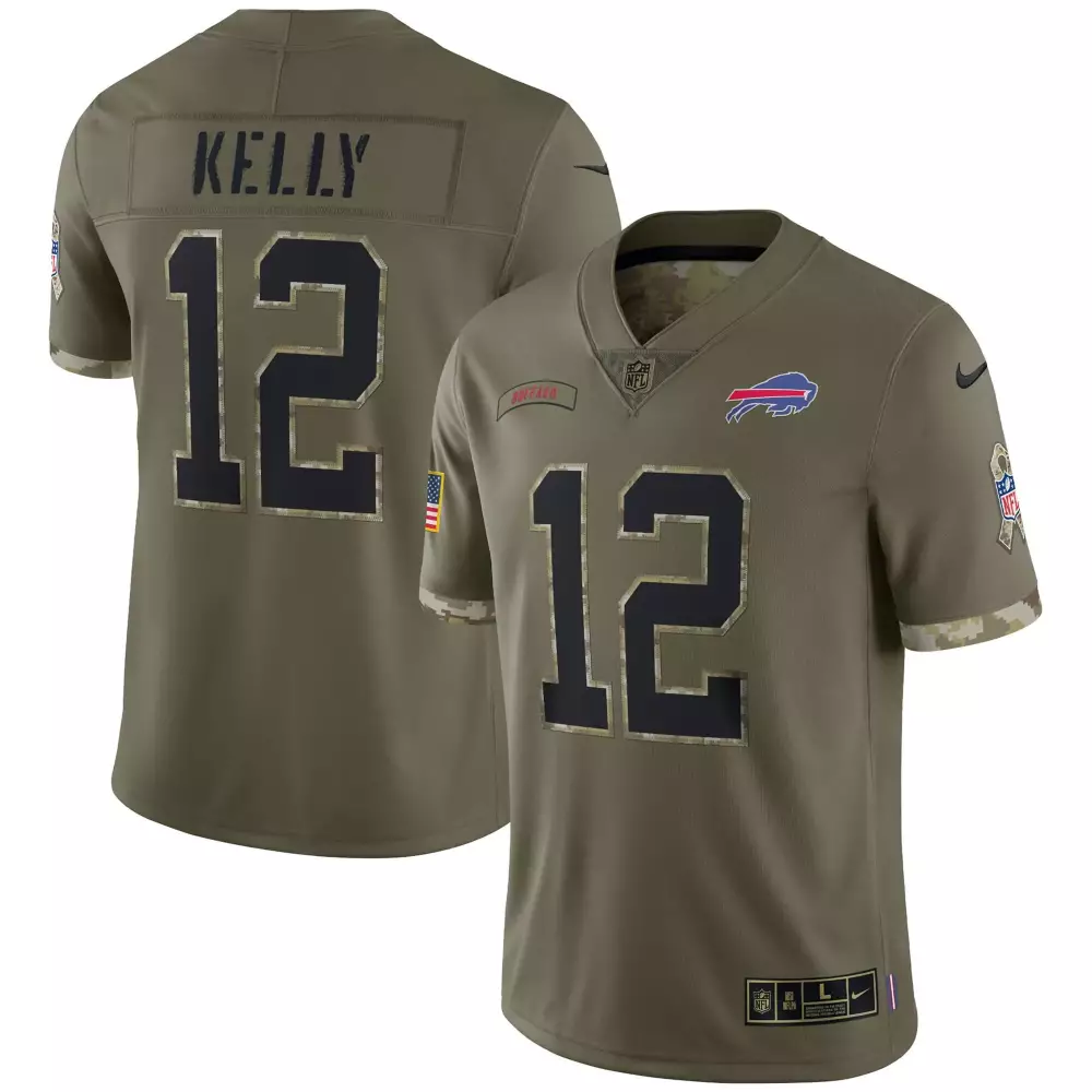 Jim Kelly 12 Buffalo Bills Jersey Olive Drab Salute To Service Men Alternate Black