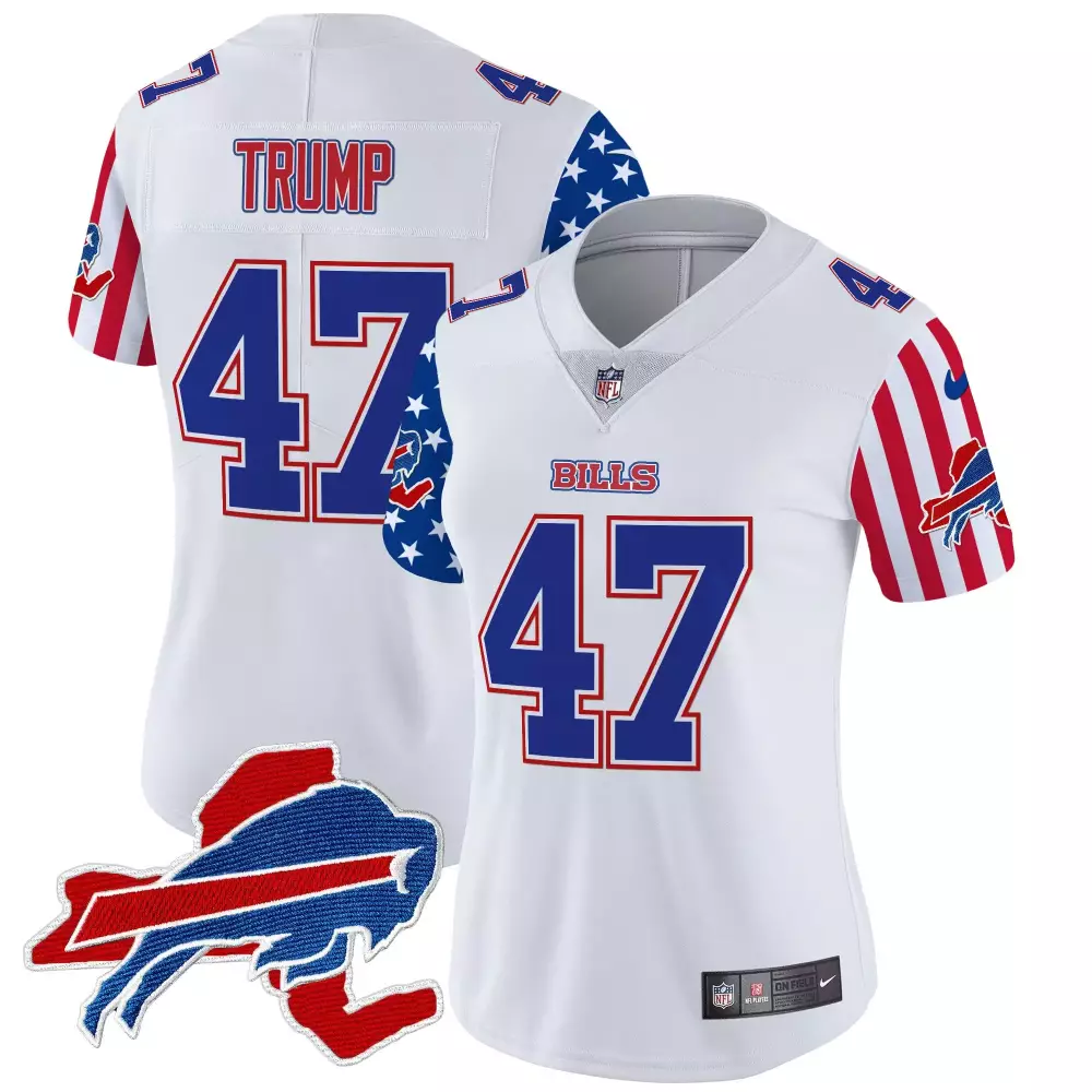 Donald Trump 47 Bills Jersey White Stars And Stripes Women Split Design Blue Red