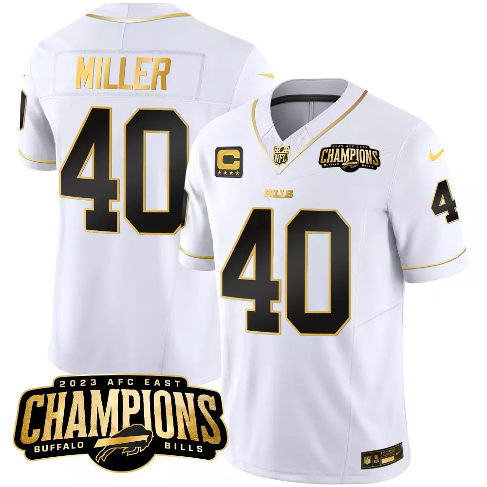 Von Miller 40 Bills Jersey White 2023 AFC East Champions Men Black Gold Vapor All