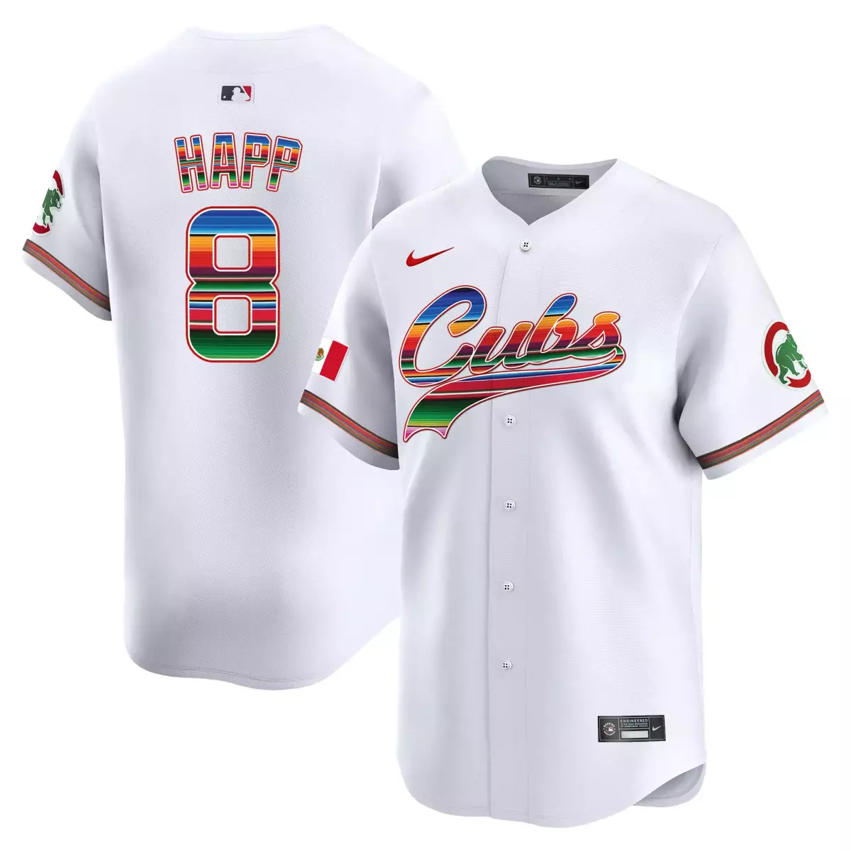Happ Mexico 8 Cubs Jersey White Mexican Heritage Flag Men Split Red Green Blue Yellow