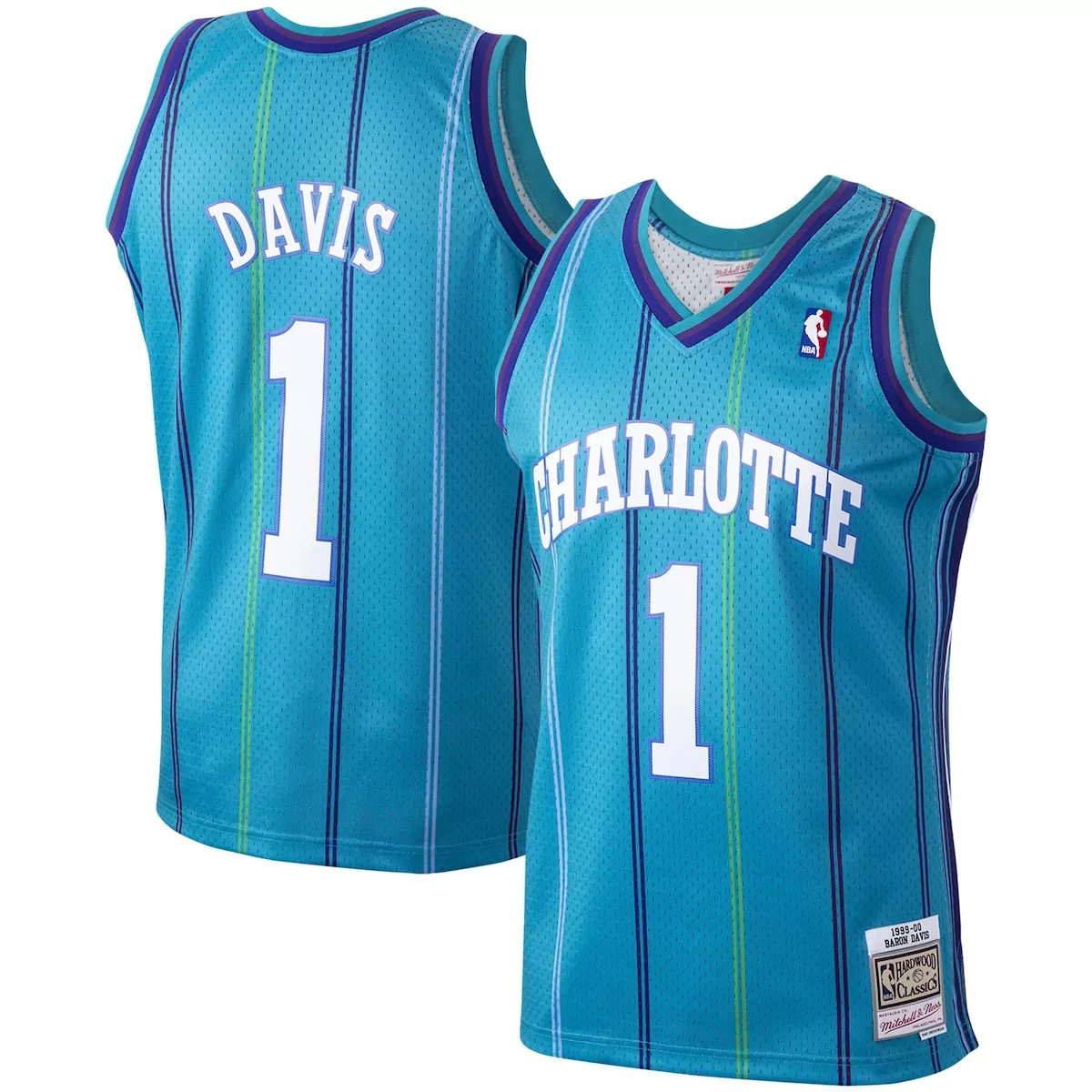 Baron Davis 1 Charlotte Hornets Jersey Teal Hardwood Classics 1999 Men Purple Light Blue