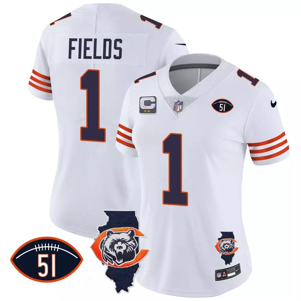 Justin Fields 1 Chicago Bears Jersey White (captain Patch) Illinois State Bear Women