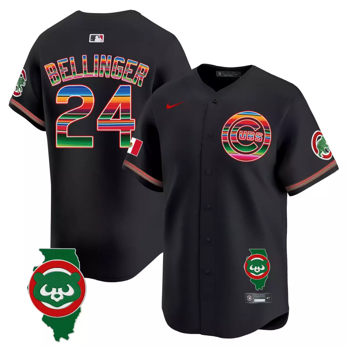 Bellinger Mexico 24 Cubs Jersey Black Cinco De Mayo Mexican Flag Illinois Outline
