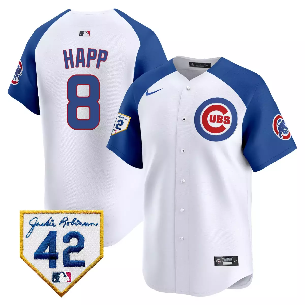 Ian Happ 8 Cubs Jersey White Jackie Robinson Day 42 Men Blue Red Vapor Premier Limited