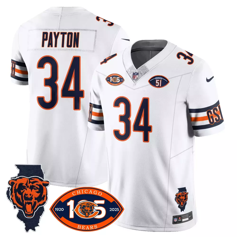 Walter Payton 34 Chicago Bears Jersey White 105th Season 1920-2025 Illinois State Outline 2025