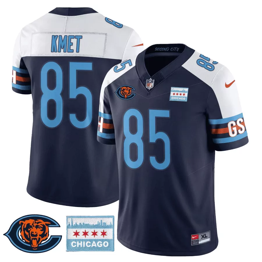 Cole Kmet 85 Chicago Bears Jersey Navy Second City Skyline Men Light Blue Orange