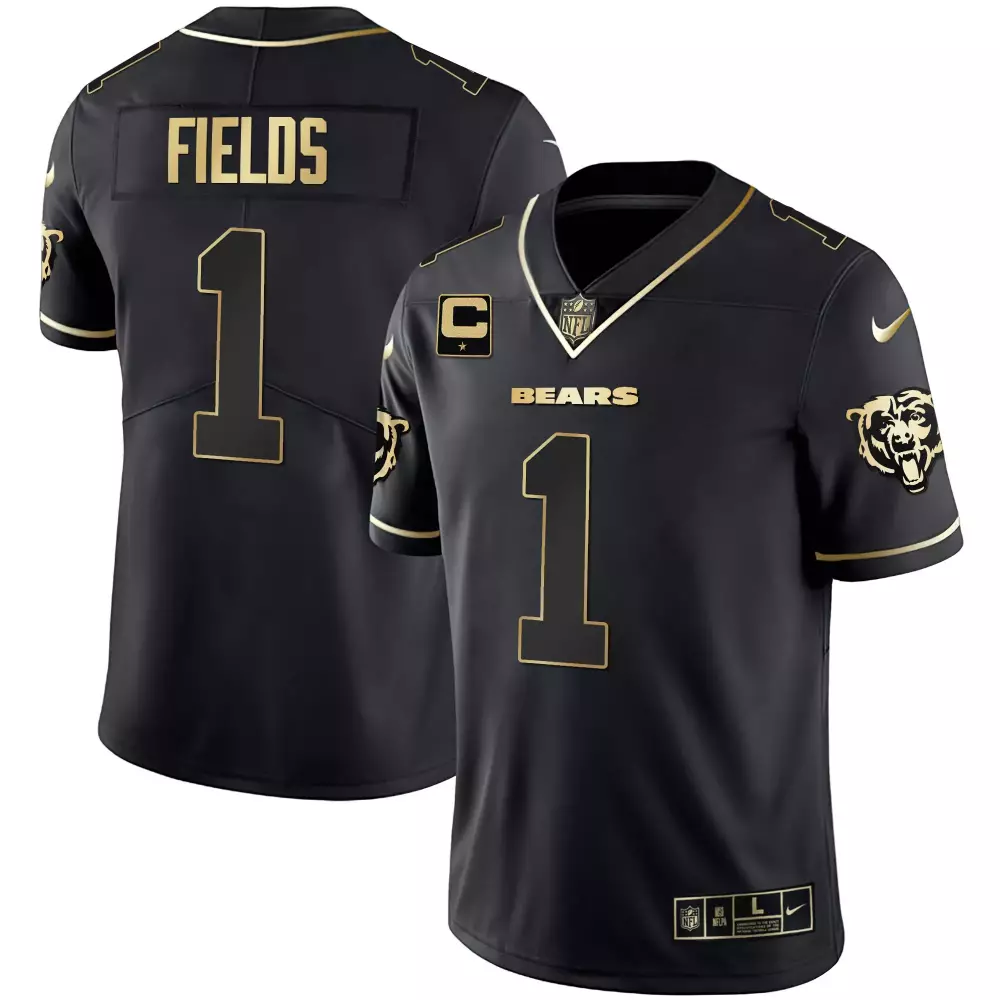 Justin Fields 1 Bears Jersey Black Men Player Gold All Stitched Vapor