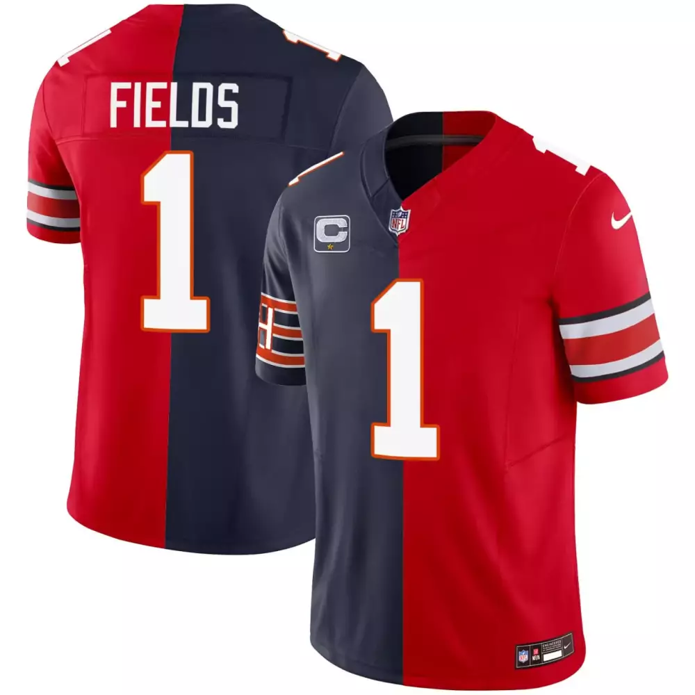 Justin Fields 1 Chicago Bears Jersey Navy Blue Men Split-color Split Design Red White