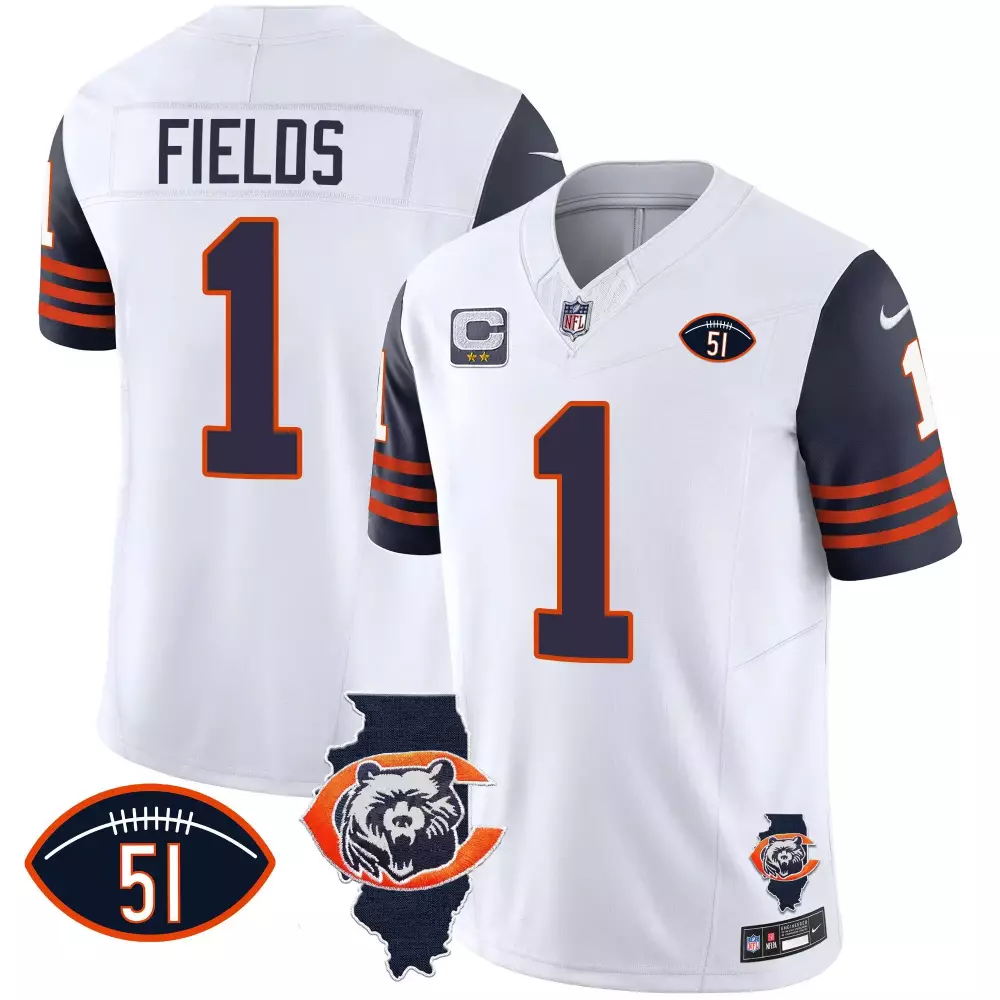 Justin Fields 1 Chicago Bears Jersey White Illinois State Outline Men Alternate Navy Blue