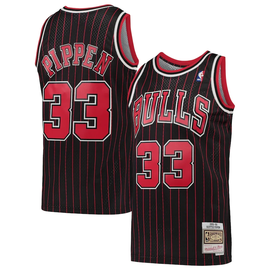 Scottie Pippen 33 Bulls Jersey Black Hardwood Classics Men Split Design Red White