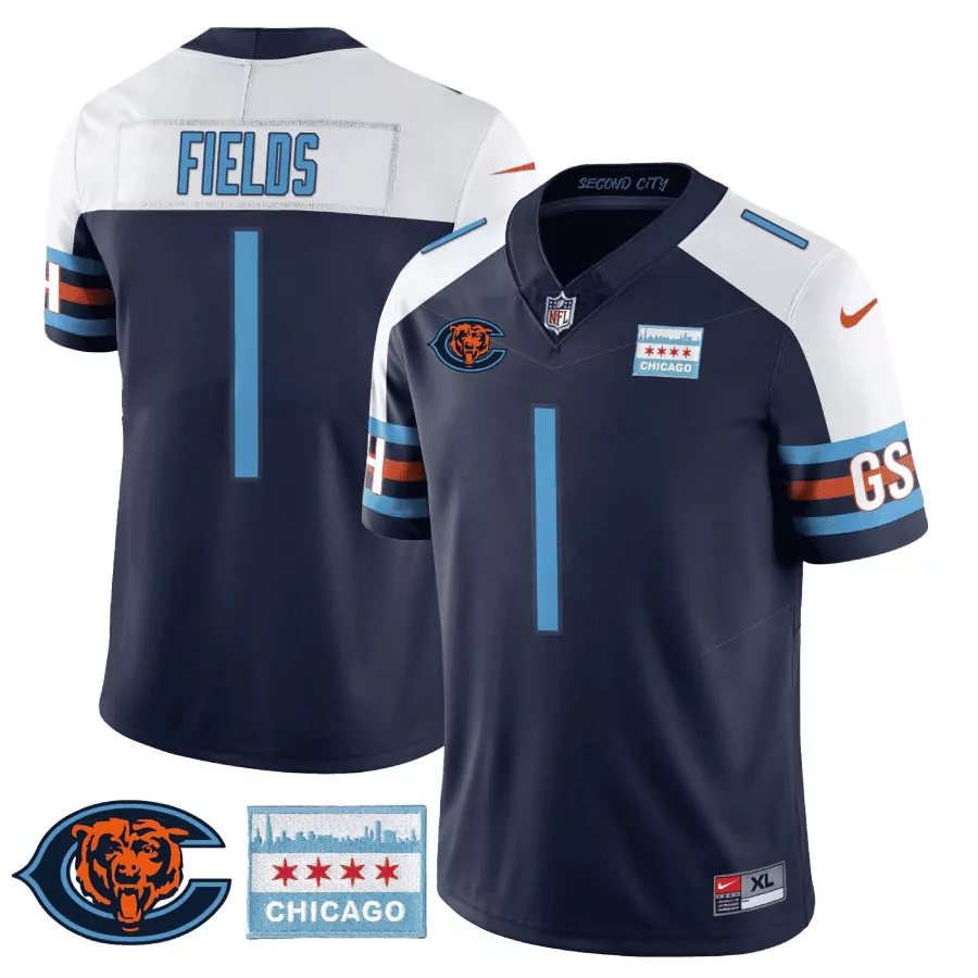 Justin Fields 1 Chicago Bears Jersey Navy Blue Second City Skyline Men White Light