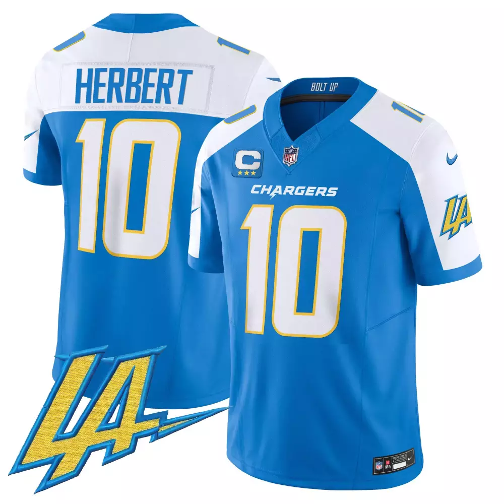 Justin Herbert 10 Chargers Jersey Blue Stars Men White Yellow All Stitched Vapor