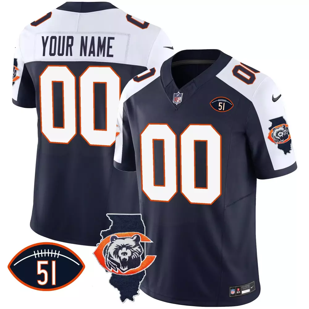 Custom Chicago Bears Jersey Navy Illinois State Map Bear Men White Orange Stitched