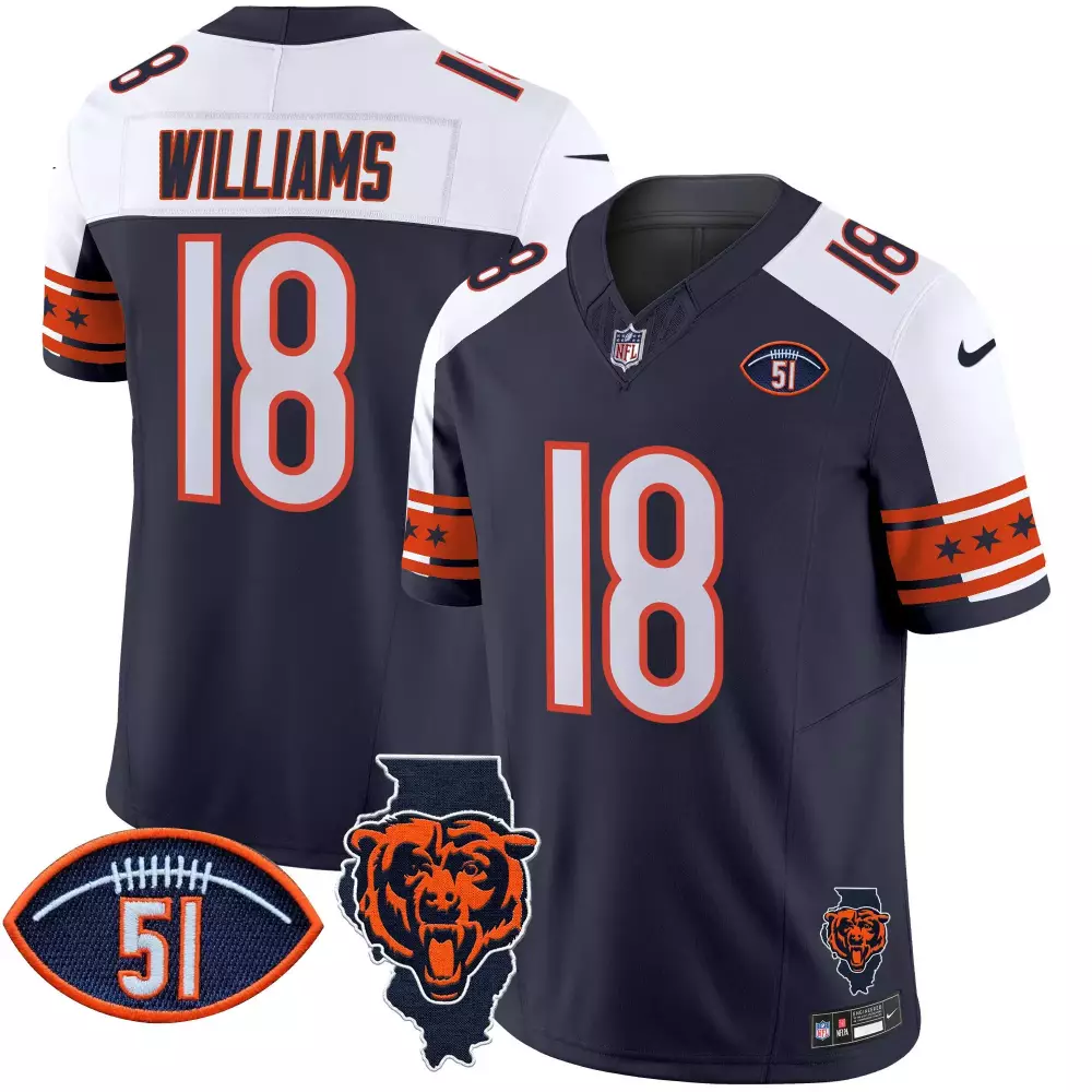 Caleb Williams 18 Chicago Bears Jersey Navy Blue Illinois Outline Bear Head Men White