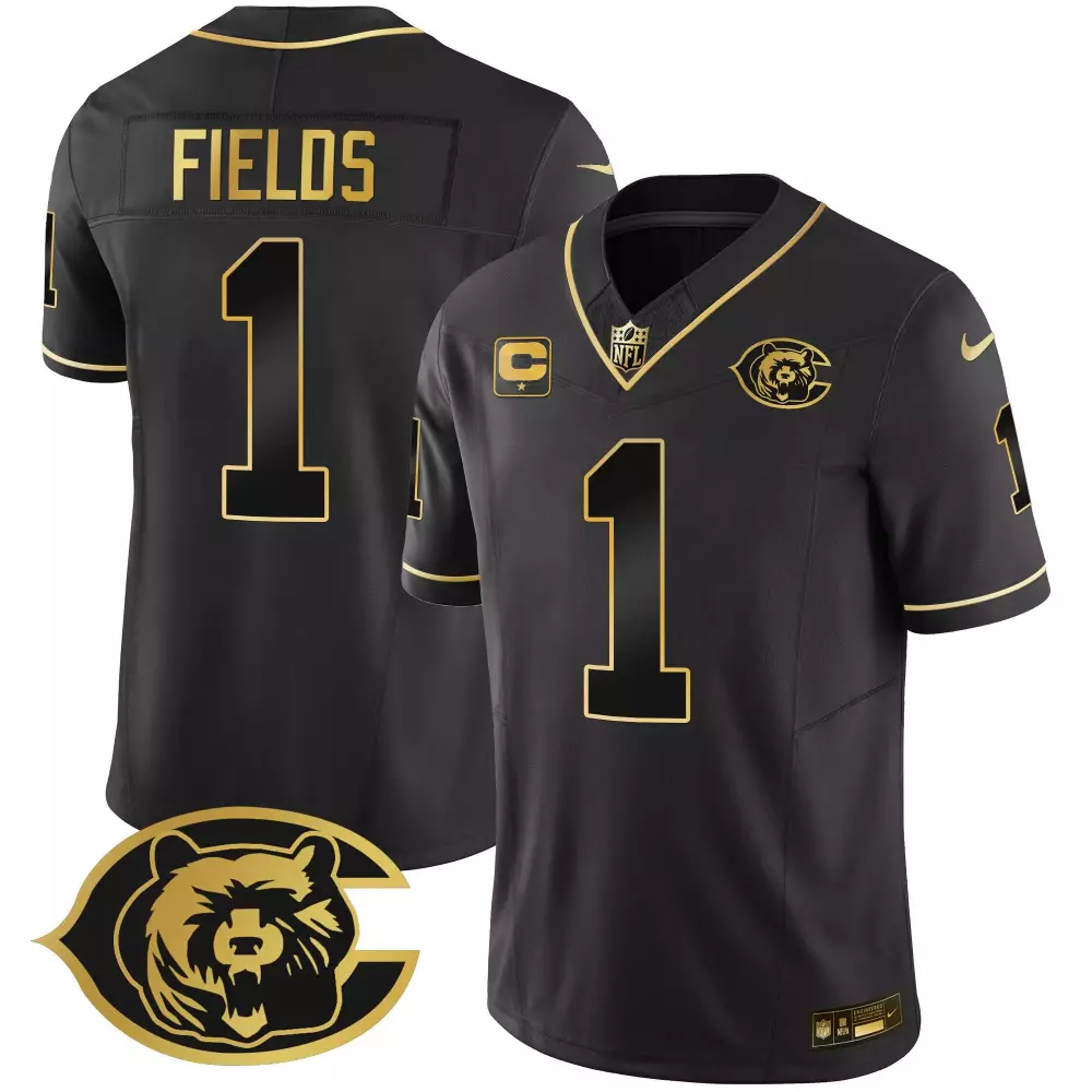 Justin Fields 1 Chicago Bears Jersey Black Monochrome Men NFL Gold Throwback Vapor