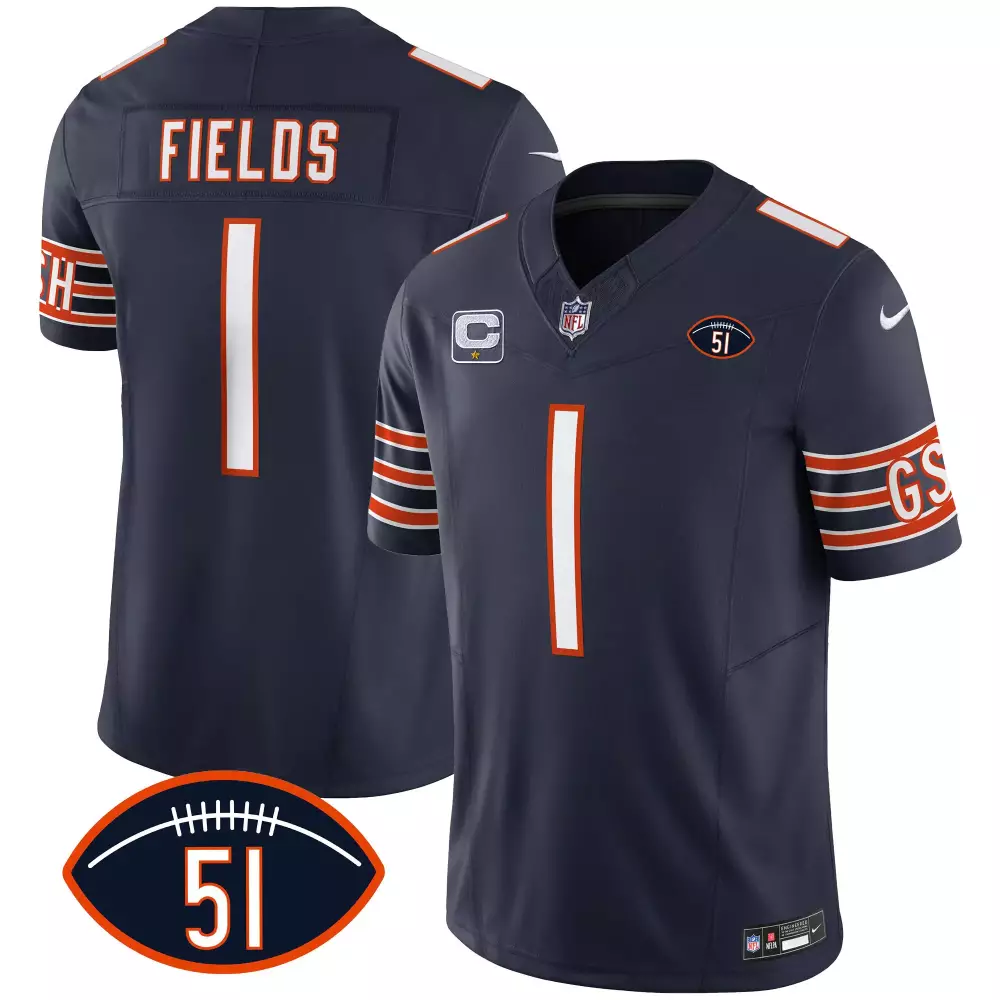 Justin Fields 1 Chicago Bears Jersey Navy Blue Cursive 'c' Men Game White Orange
