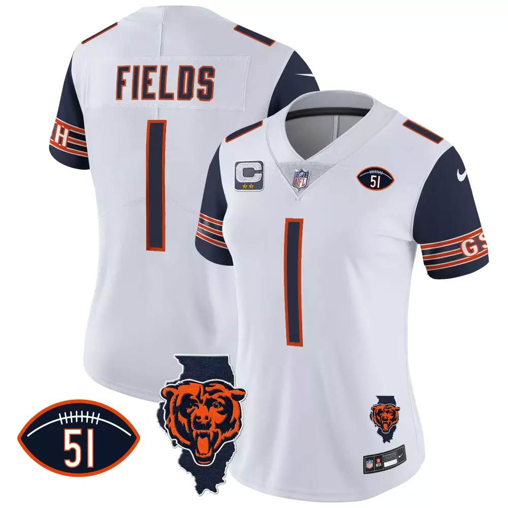 Justin Fields 1 Chicago Bears Jersey White (captain Patch) Women Player Alternate