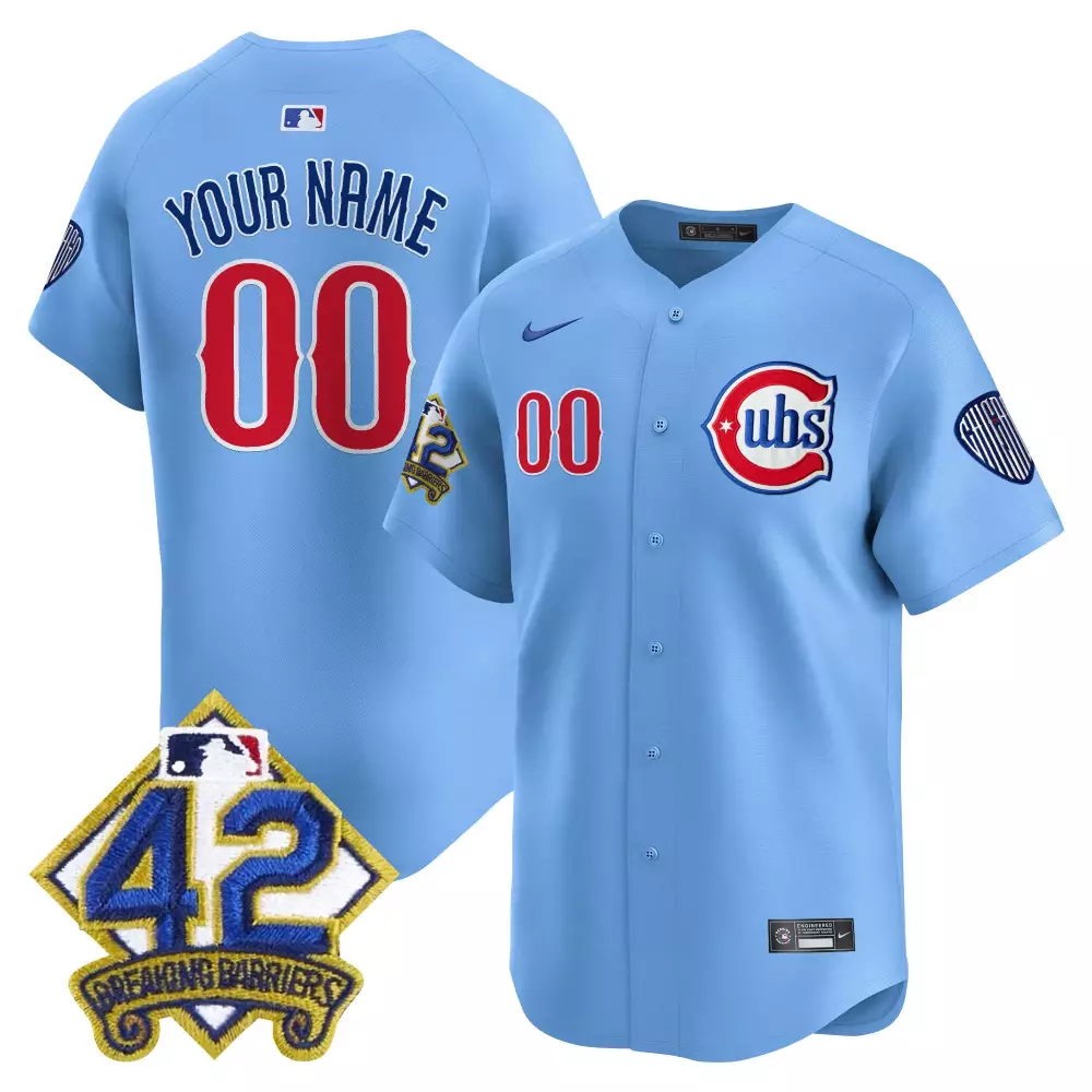Custom Cubs Jersey Light Blue Jackie Robinson Day Striped Left Red White Stitched