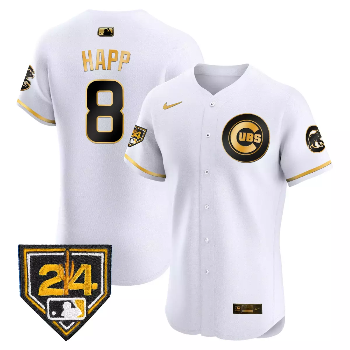 Happ Training 8 Cubs Jersey White Men Black Gold Vapor Premier Elite v2 All Stitched