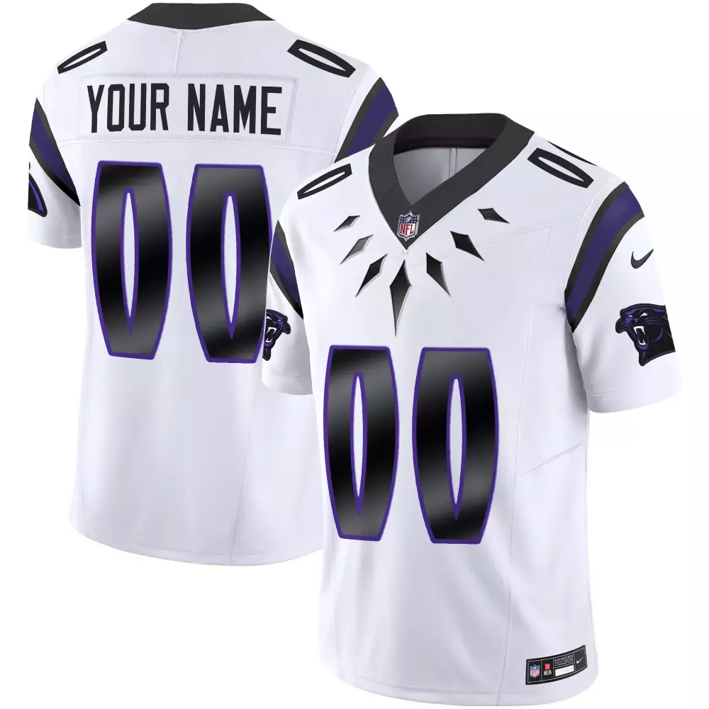 Custom Carolina Panthers Jersey White Men Alternate Design Black Purple Vapor Limited