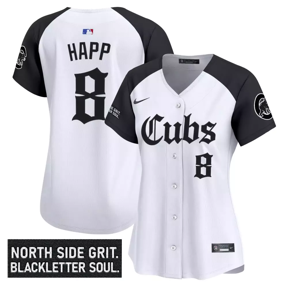 Happ North 8 Cubs Jersey White Side Grit. Blackletter Soul. Women Black Vapor