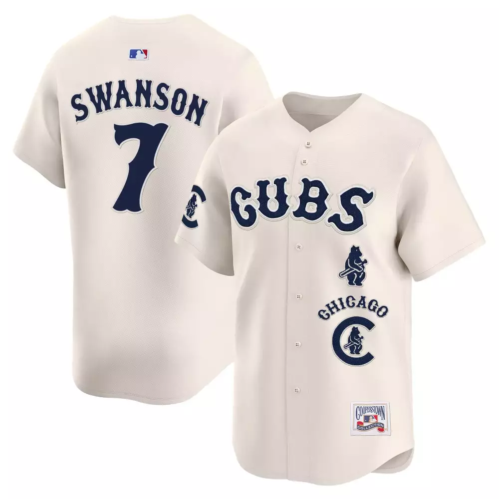 Dansby Swanson 7 Cubs Jersey Cream Cooperstown Collection Men Navy Vapor Premier