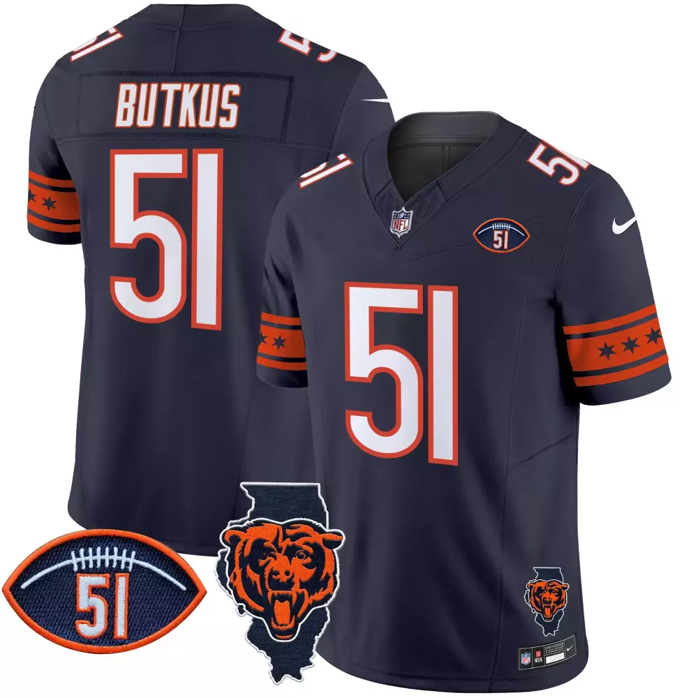 Dick Butkus 51 Chicago Bears Jersey Navy Blue NFL 100th Season (illinois Shape) (bear Head)