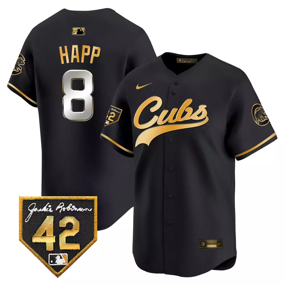 Ian Happ 8 Cubs Jersey Black Jackie Robinson Day 42 Men Gold Vapor Premier Limited