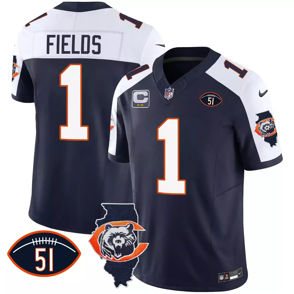 Justin Fields 1 Chicago Bears Jersey Navy Blue NFL 100 Captain Men Orange White Alternate