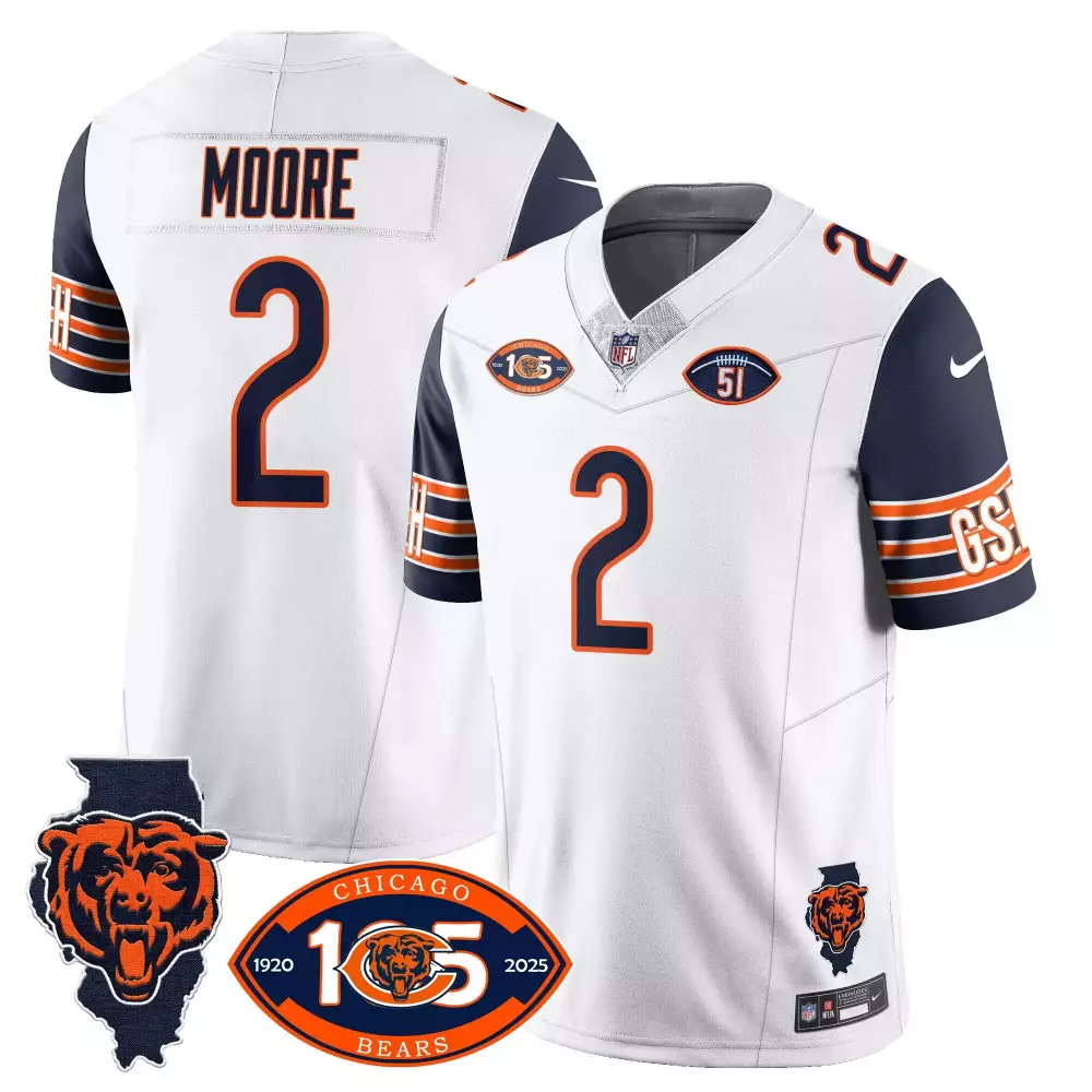 Dj Moore 2 Chicago Bears Jersey White 105th Anniversary 1920-2025 Illinois State Bear 2025