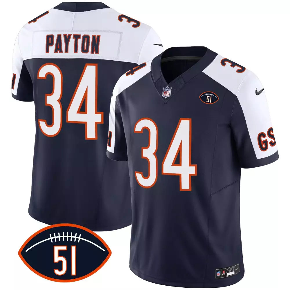 Walter Payton 34 Chicago Bears Jersey Navy Blue 51 Men White Orange Stitched