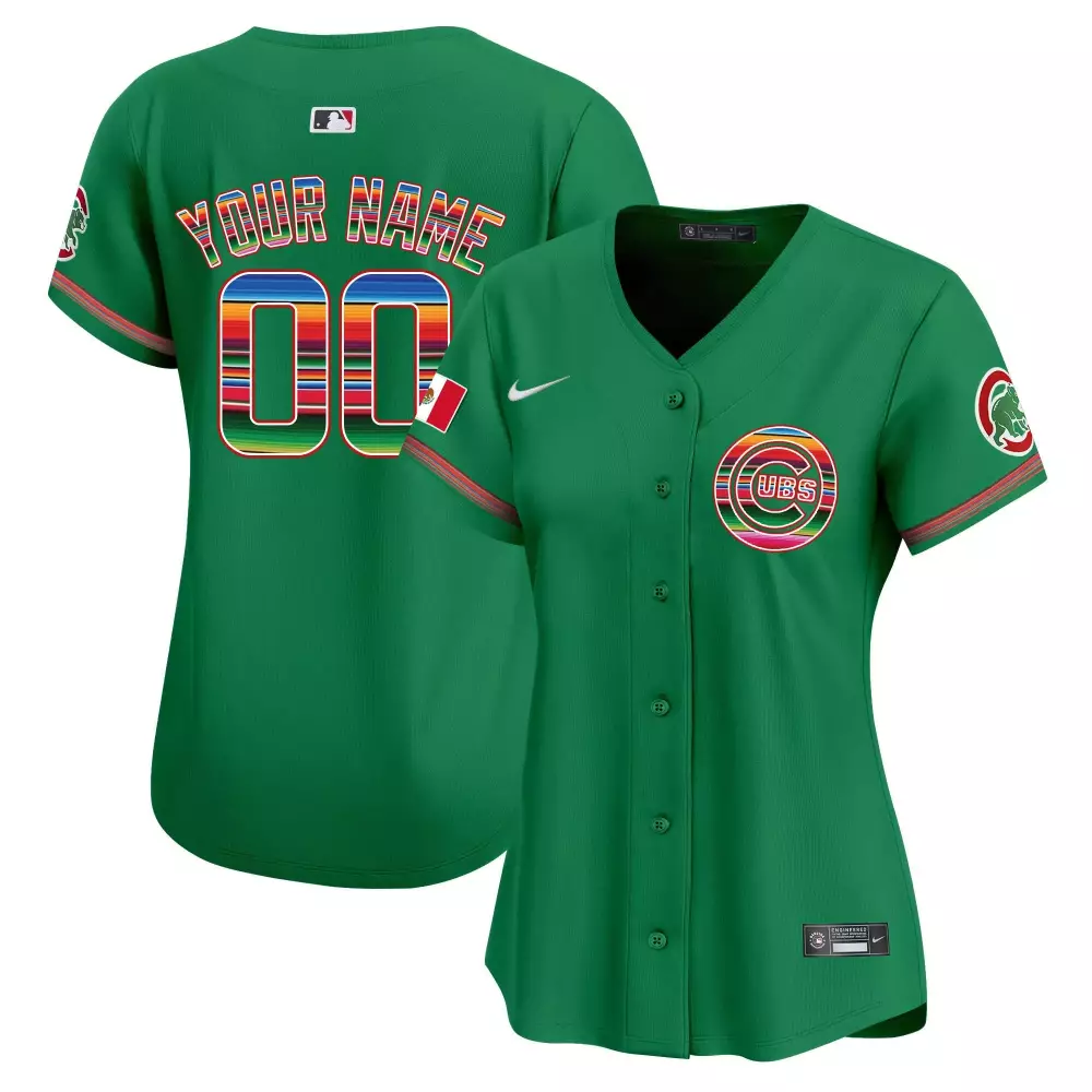 Custom Cubs Jersey Green Cinco De Mayo Mexico Flag Women Design Red Blue Yellow White
