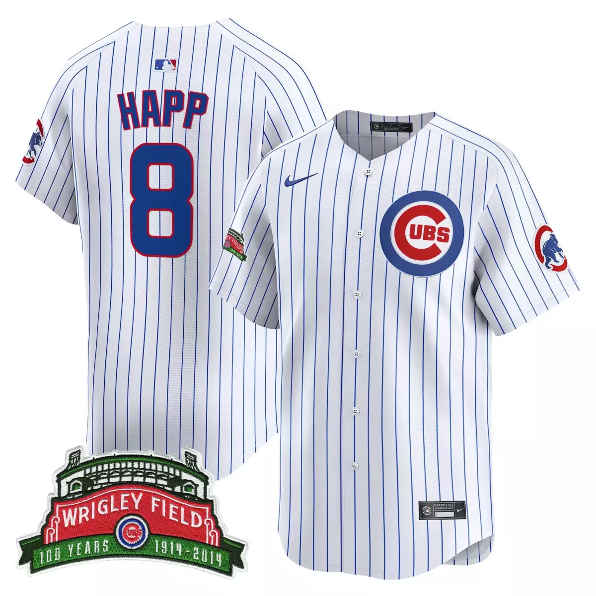 Happ Wrigley 8 Cubs Jersey White Field 100th Anniversary Men Blue Red Vapor Premier