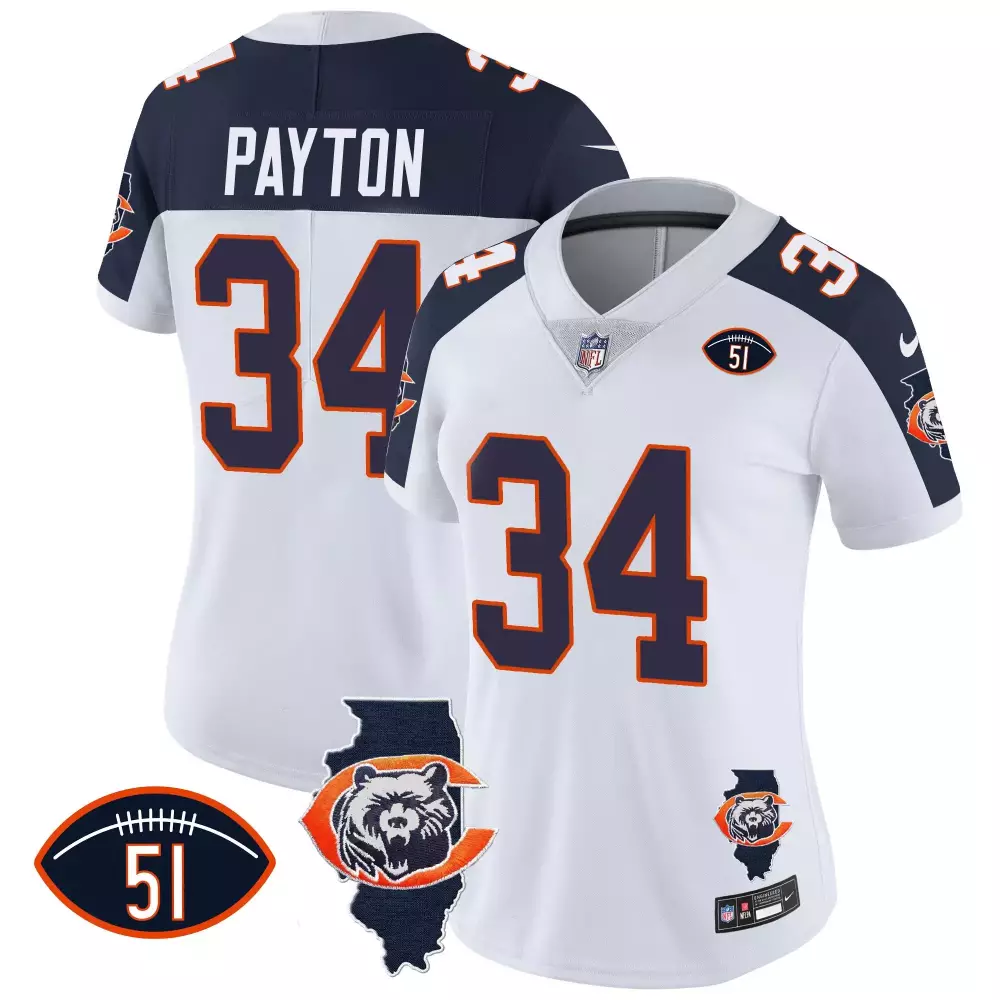 Walter Payton 34 Chicago Bears Jersey White Illinois State Outline Bear Football Number 51