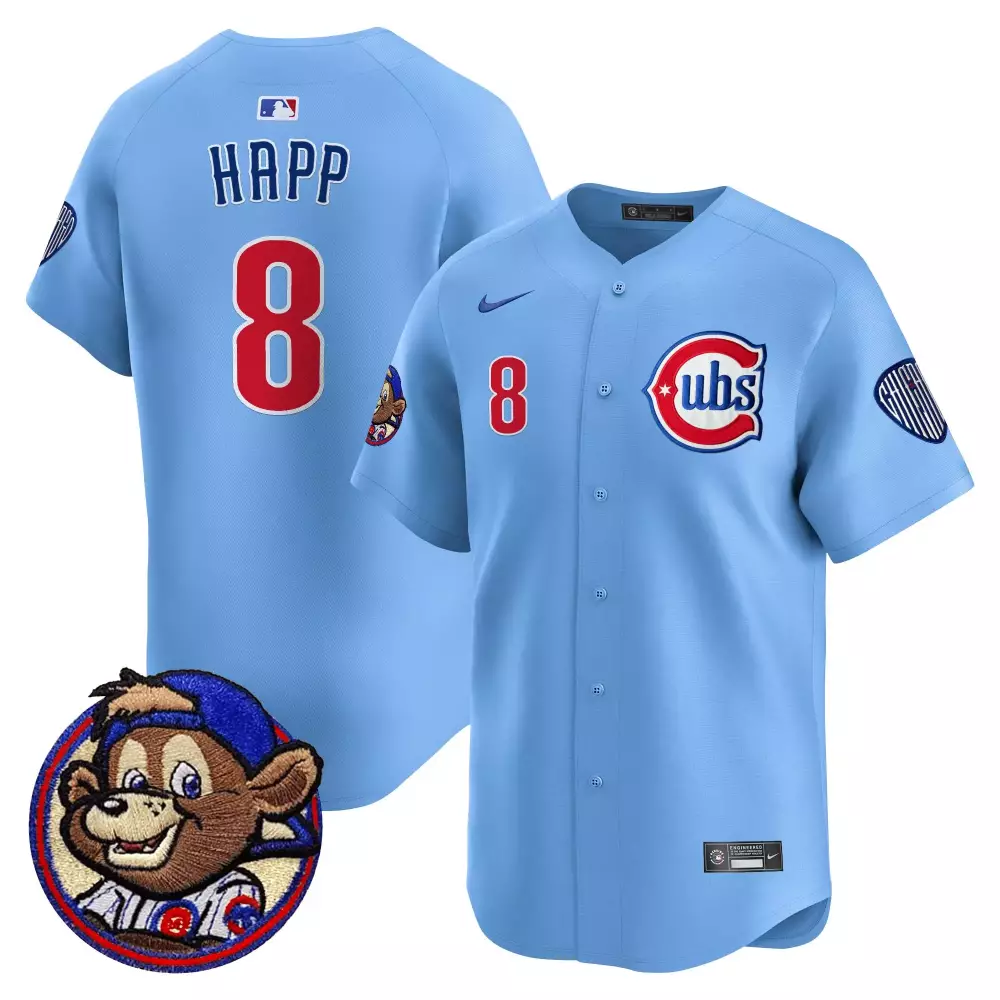 Ian Happ 8 Cubs Jersey Light Blue City Connect Cub Monkey Wearing Cap Chicago Men