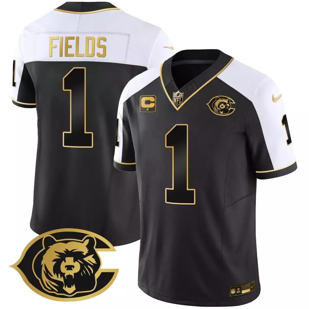 Justin Fields 1 Chicago Bears Jersey Black Lunar New Year Men NFL White Gold Stitched