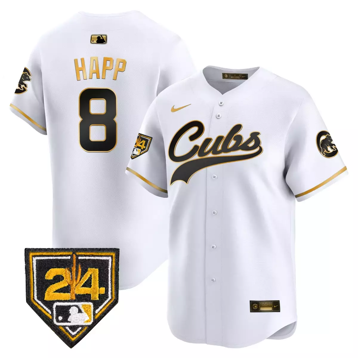 Happ Training 8 Cubs Jersey White Nike Vapor Premier 2024 Men Black Gold Limited