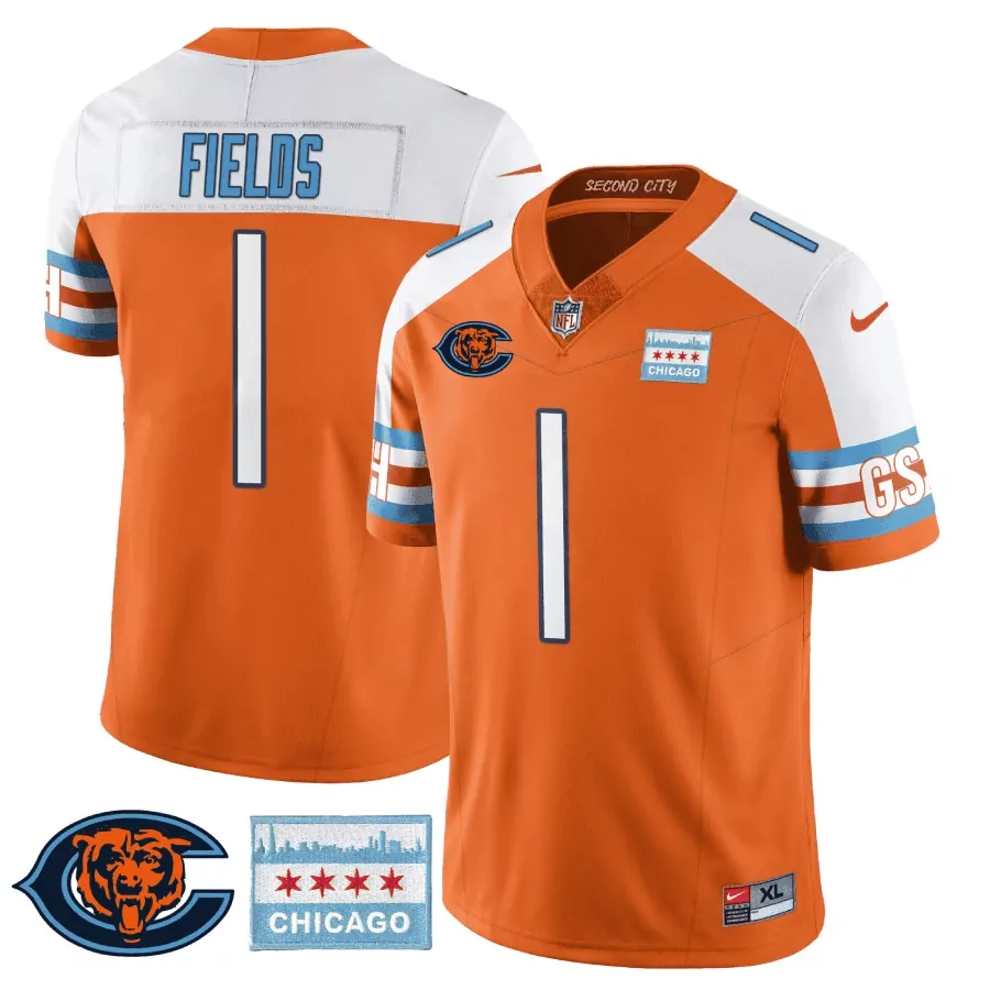 Justin Fields 1 Chicago Bears Jersey Orange City Connect Skyline 2023 Men Alternate