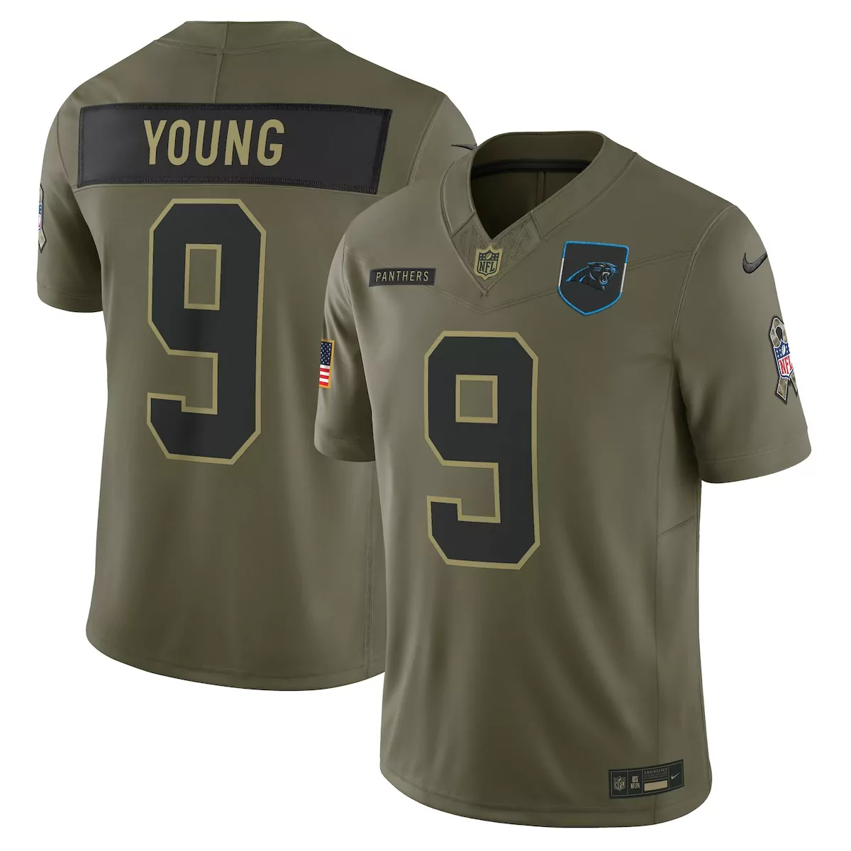 Bryce Young 9 Panthers Jersey Olive Salute To Service American Flag Men Authentic