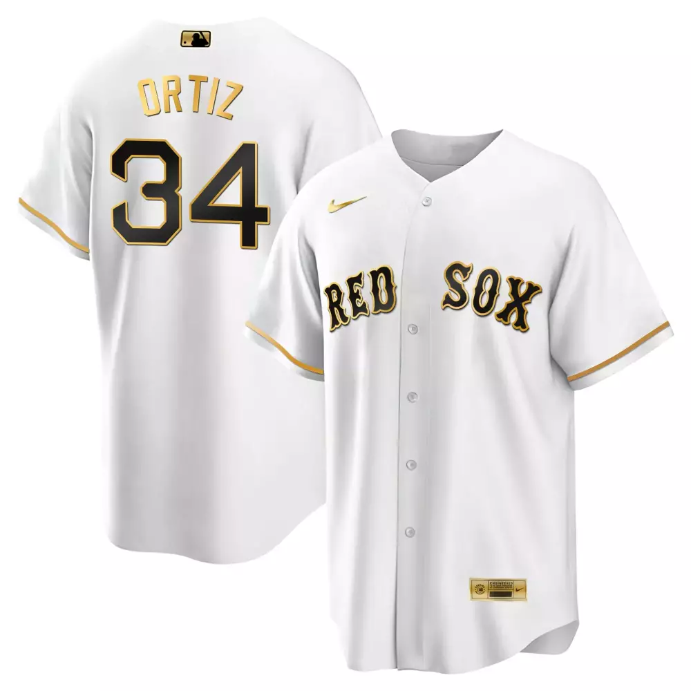 Ortiz 34 Red Sox Jersey White Men Black Gold Stitched