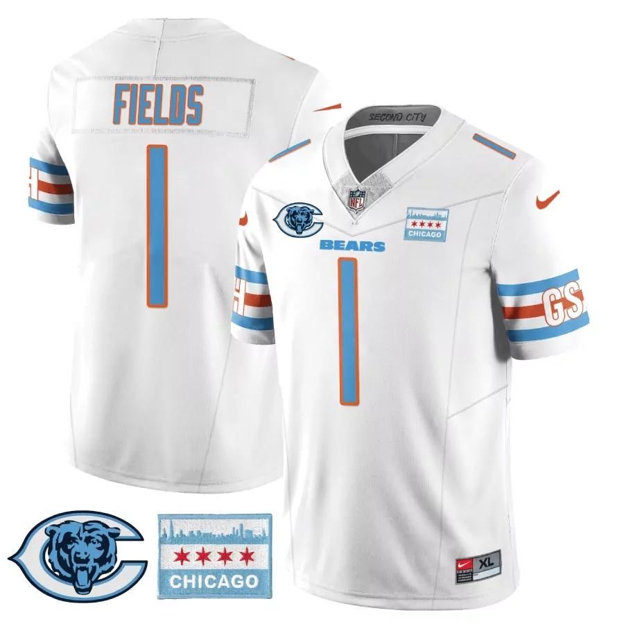 Justin Fields 1 Chicago Bears Jersey White City Connect Flag 2023 Men NFL Alternate