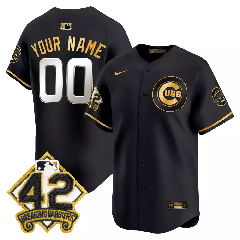 Custom Cubs Jersey Black Jackie Robinson Day 42 Breaking Barriers Men Gold