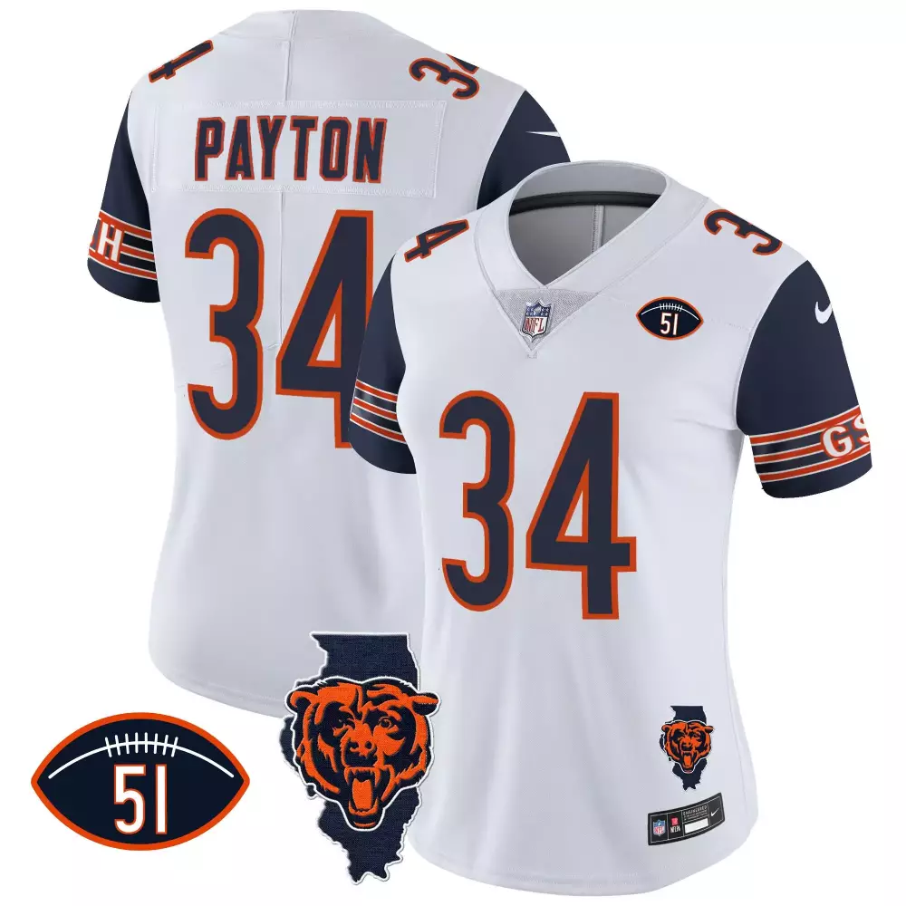 Walter Payton 34 Chicago Bears Jersey White Illinois Shape Bear Head Replica Navy Blue